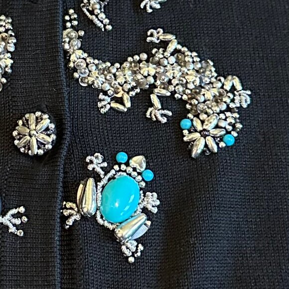 Michael Simon Vintage Retro Cardigan Sweater Turquoise Beaded Gecko Frog Large - Picture 3 of 11